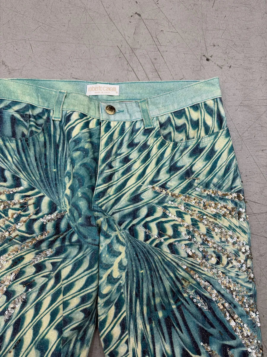SS2001 Roberto Cavalli Blue Sequin Embellished Wings Pants TmSiLEw 6