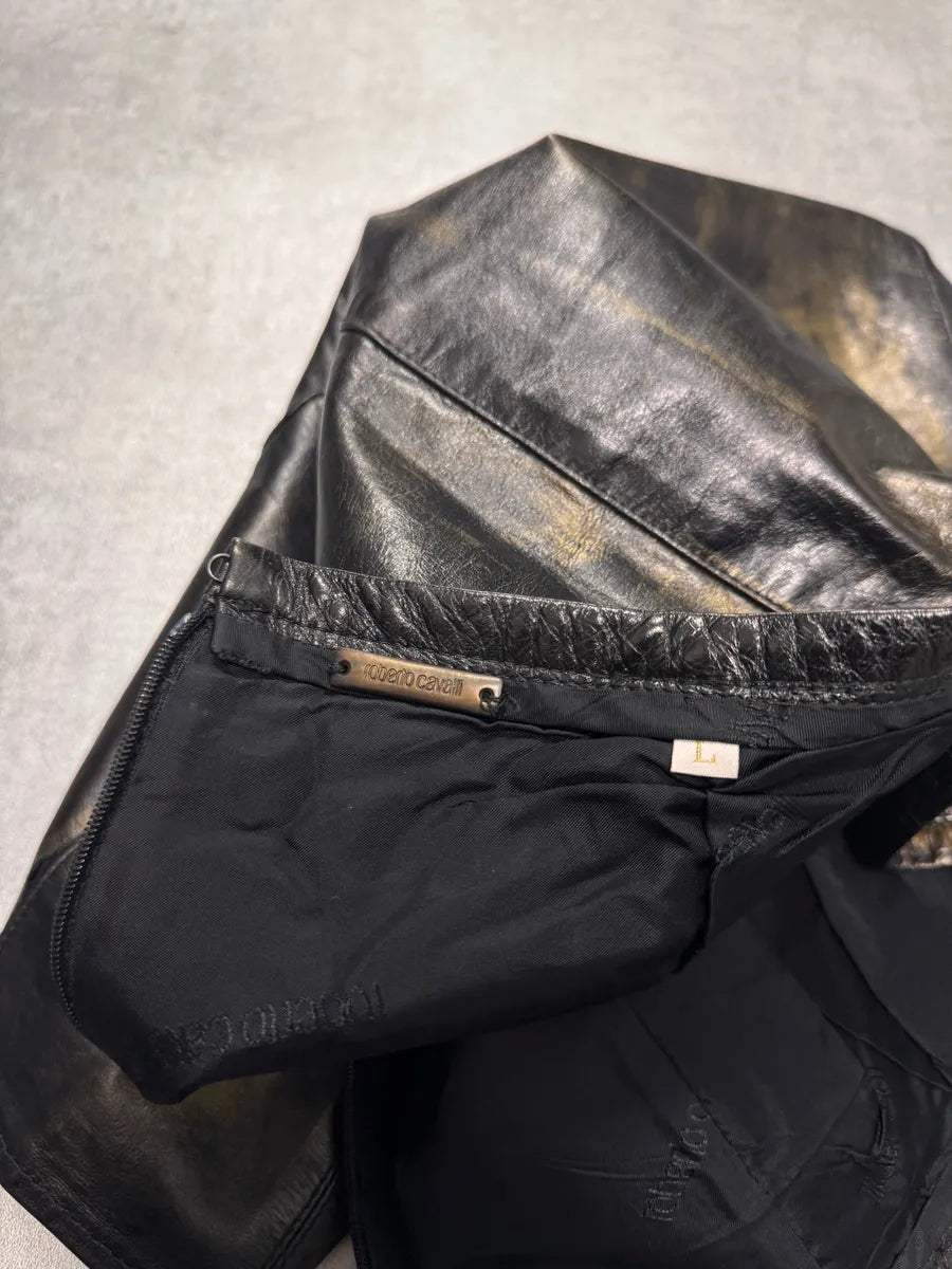 SS2001 Roberto Cavalli Brown Metallic Leather Skirt (L) VkPaHdj 4