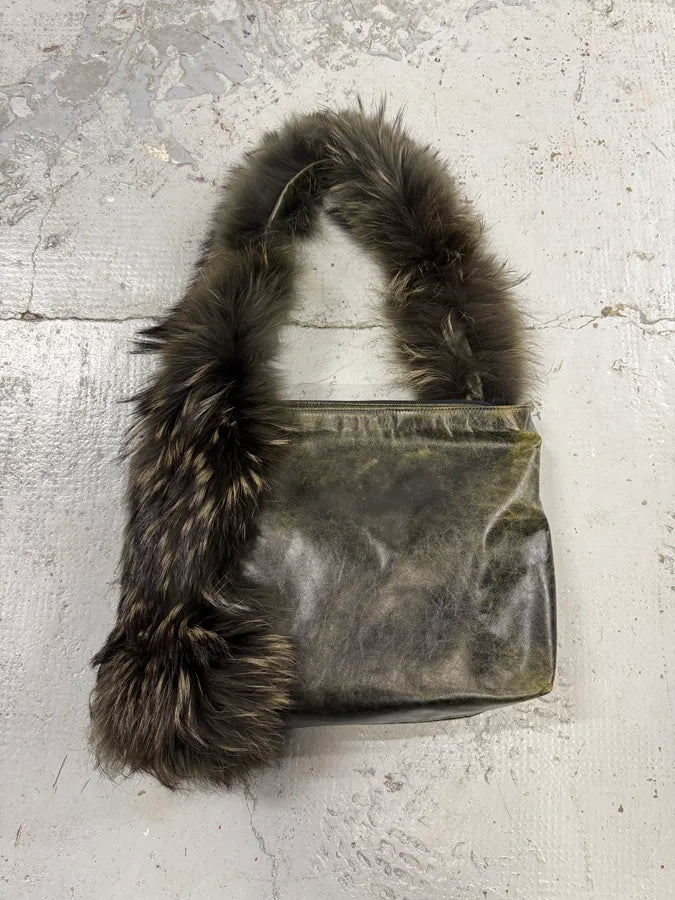 SS2001 Roberto Cavalli Dark Olive Leather Fur Handle Shoulder Bag uqgcrxD 0