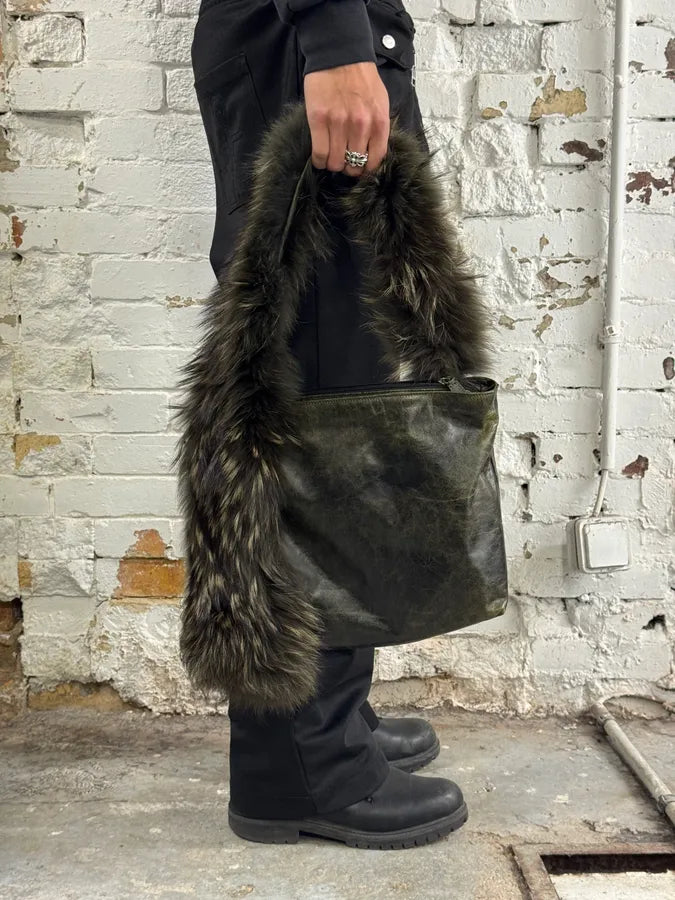 SS2001 Roberto Cavalli Dark Olive Leather Fur Handle Shoulder Bag uqgcrxD 1