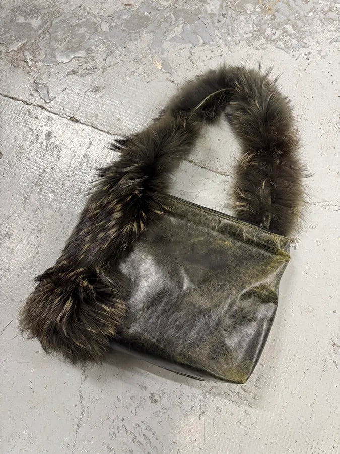 SS2001 Roberto Cavalli Dark Olive Leather Fur Handle Shoulder Bag uqgcrxD 2