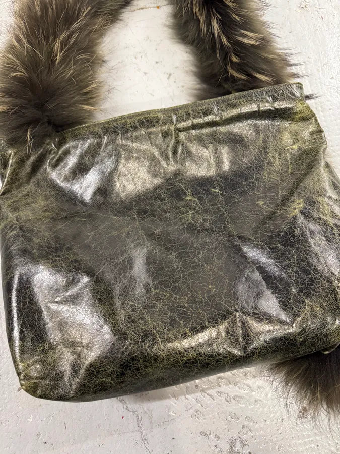 SS2001 Roberto Cavalli Dark Olive Leather Fur Handle Shoulder Bag uqgcrxD 4