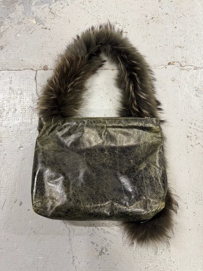 SS2001 Roberto Cavalli Dark Olive Leather Fur Handle Shoulder Bag uqgcrxD 5