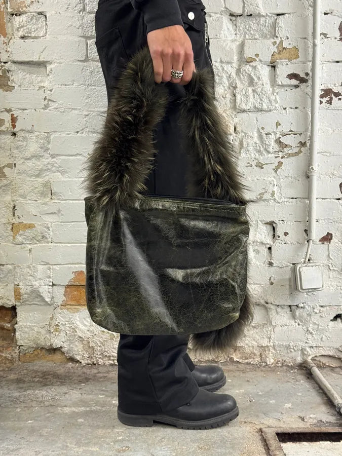 SS2001 Roberto Cavalli Dark Olive Leather Fur Handle Shoulder Bag uqgcrxD 6