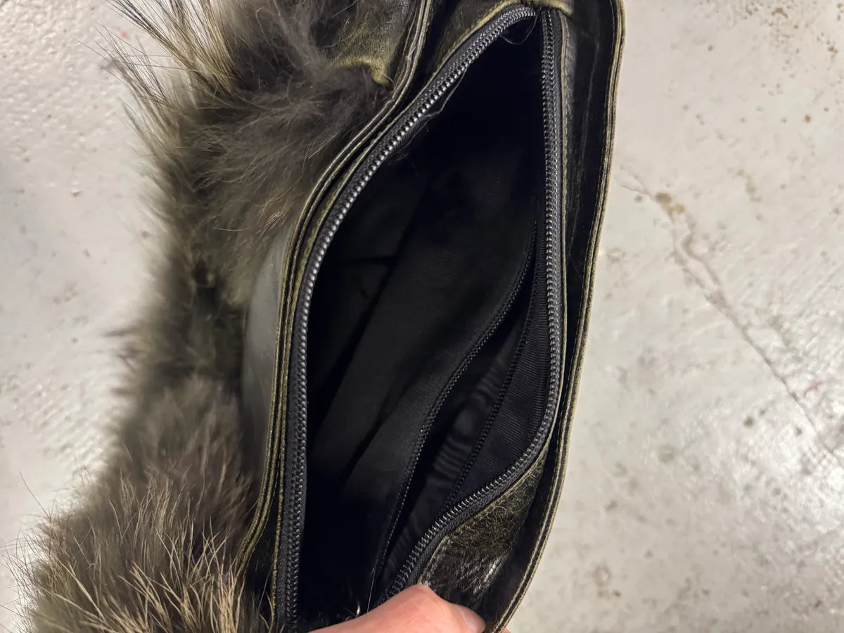 SS2001 Roberto Cavalli Dark Olive Leather Fur Handle Shoulder Bag uqgcrxD 8