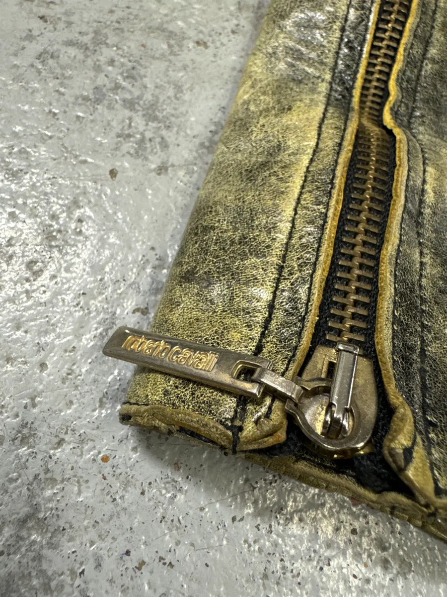 SS2001 Roberto Cavalli Gold Leather Asymmetrical Biker Jacket VNqxLIl 7