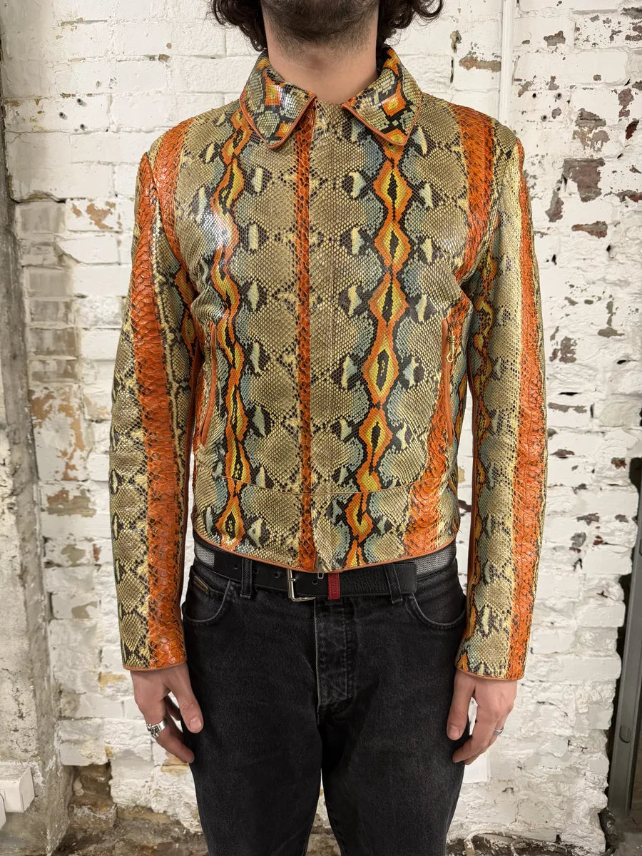 SS2001 Roberto Cavalli Grey & Orange Python Leather Jacket XOsoVpp 3