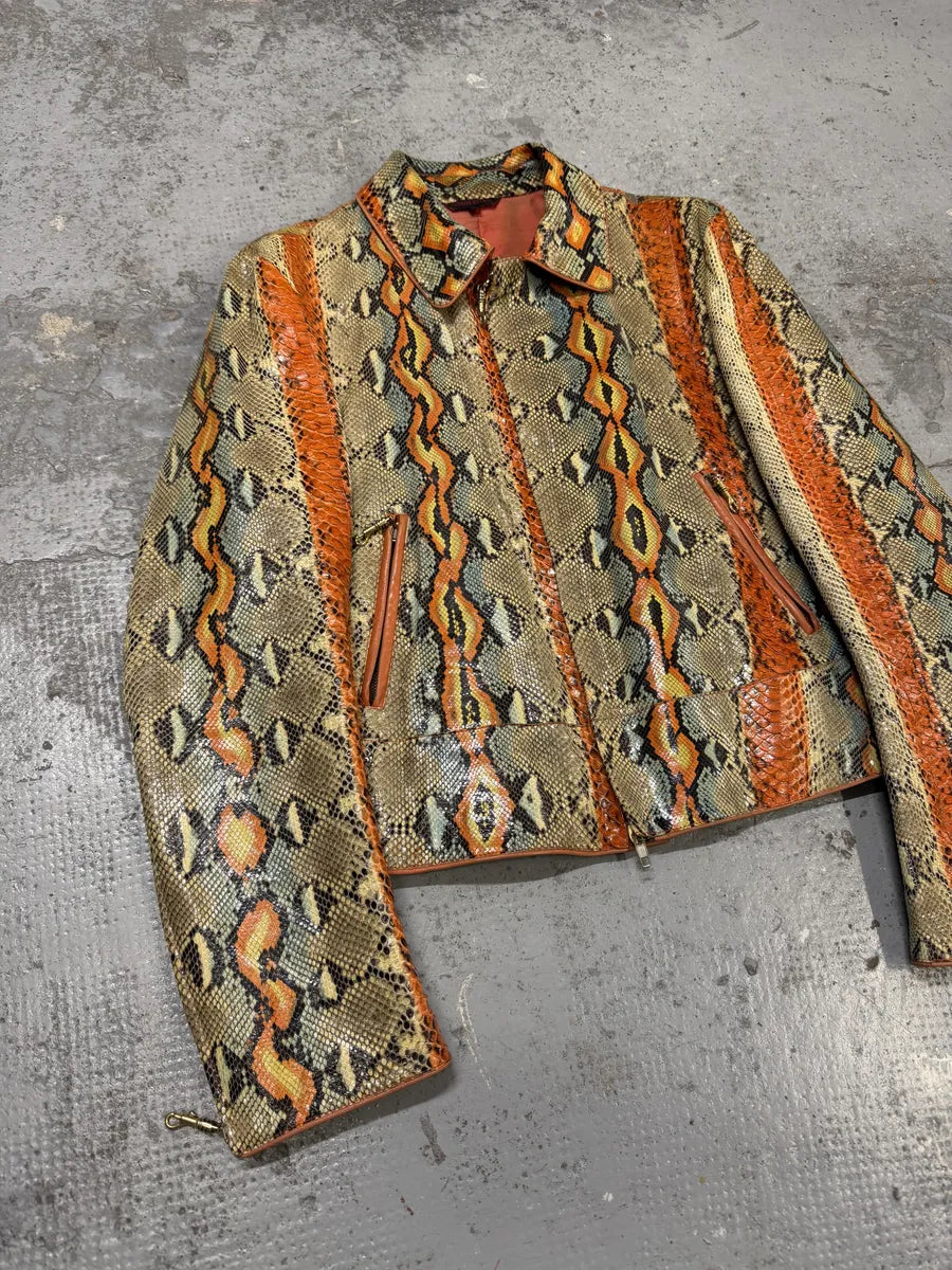 SS2001 Roberto Cavalli Grey & Orange Python Leather Jacket XOsoVpp 6