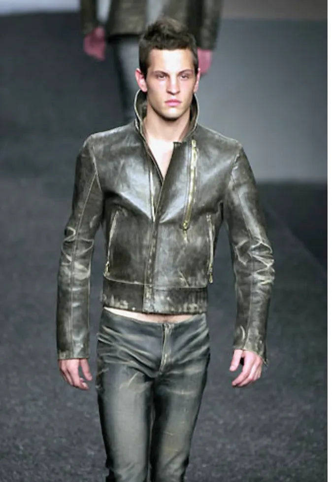 SS2001 Roberto Cavalli Grey Eroded Leather Distressed Asymmetrical Zip Leather Jacket xeRCBxjq 1