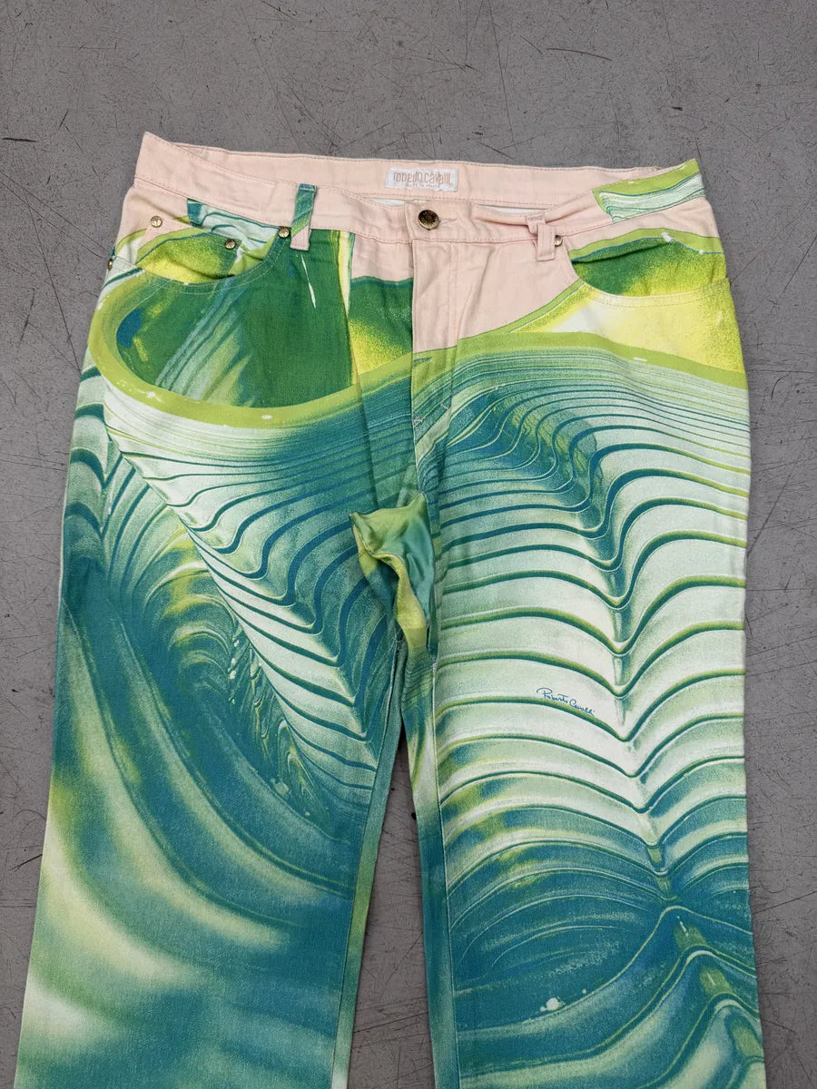 SS2001 Roberto Cavalli Multicolor Blue Aqua Psycho Spiral Pants kgxFOmD 12