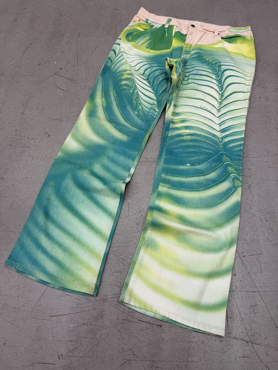 SS2001 Roberto Cavalli Multicolor Blue Aqua Psycho Spiral Pants kgxFOmD 4
