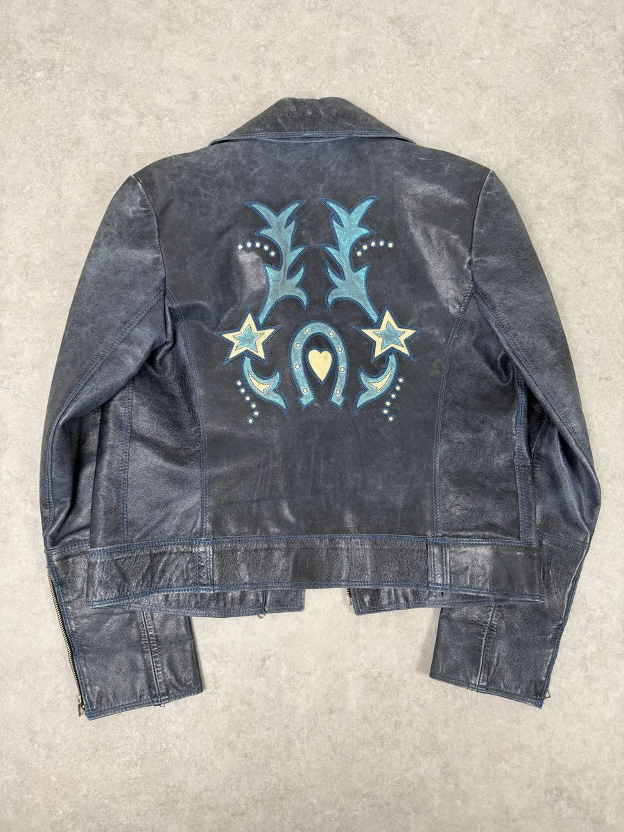 SS2001 Roberto Cavalli Navy Blue Perfecto Biker Leather Jacket JWsrPhG 0