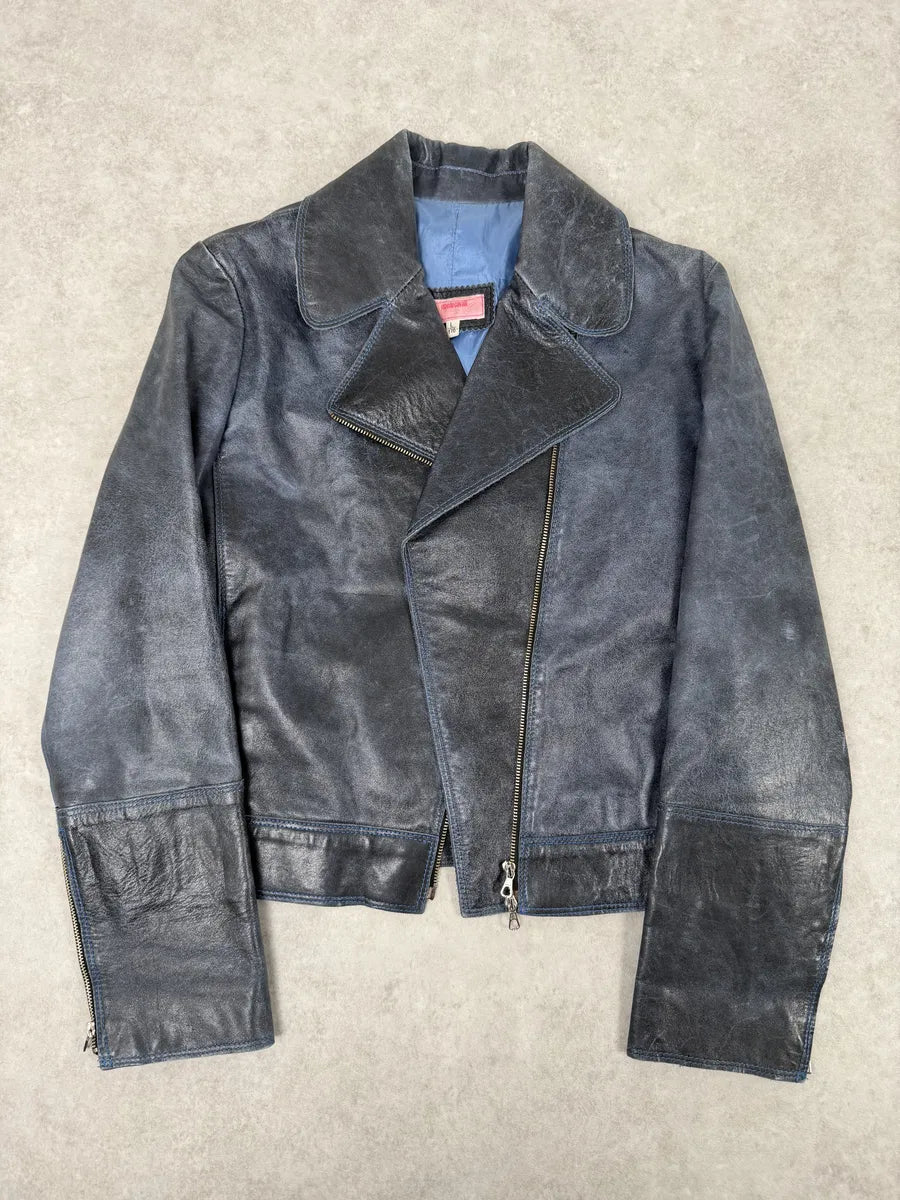 SS2001 Roberto Cavalli Navy Blue Perfecto Biker Leather Jacket JWsrPhG 1