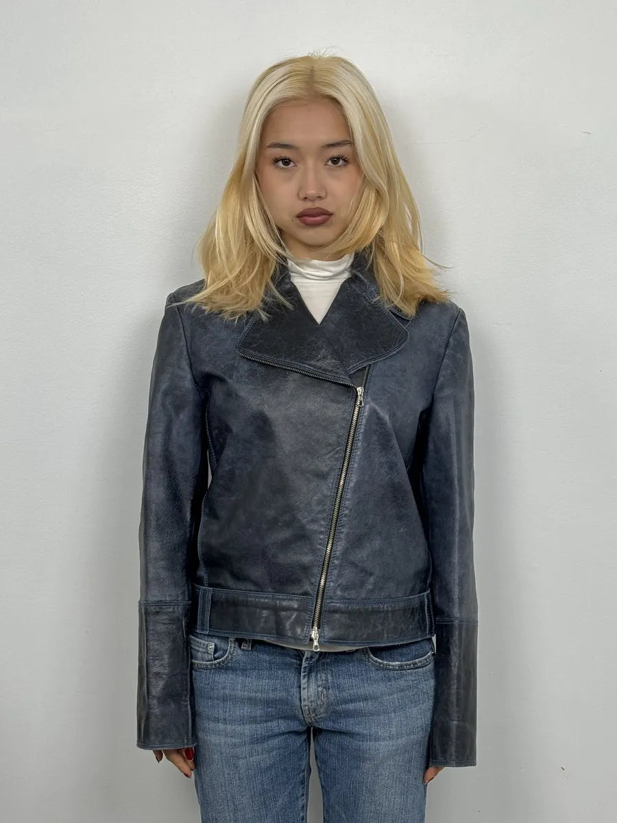 SS2001 Roberto Cavalli Navy Blue Perfecto Biker Leather Jacket JWsrPhG 2