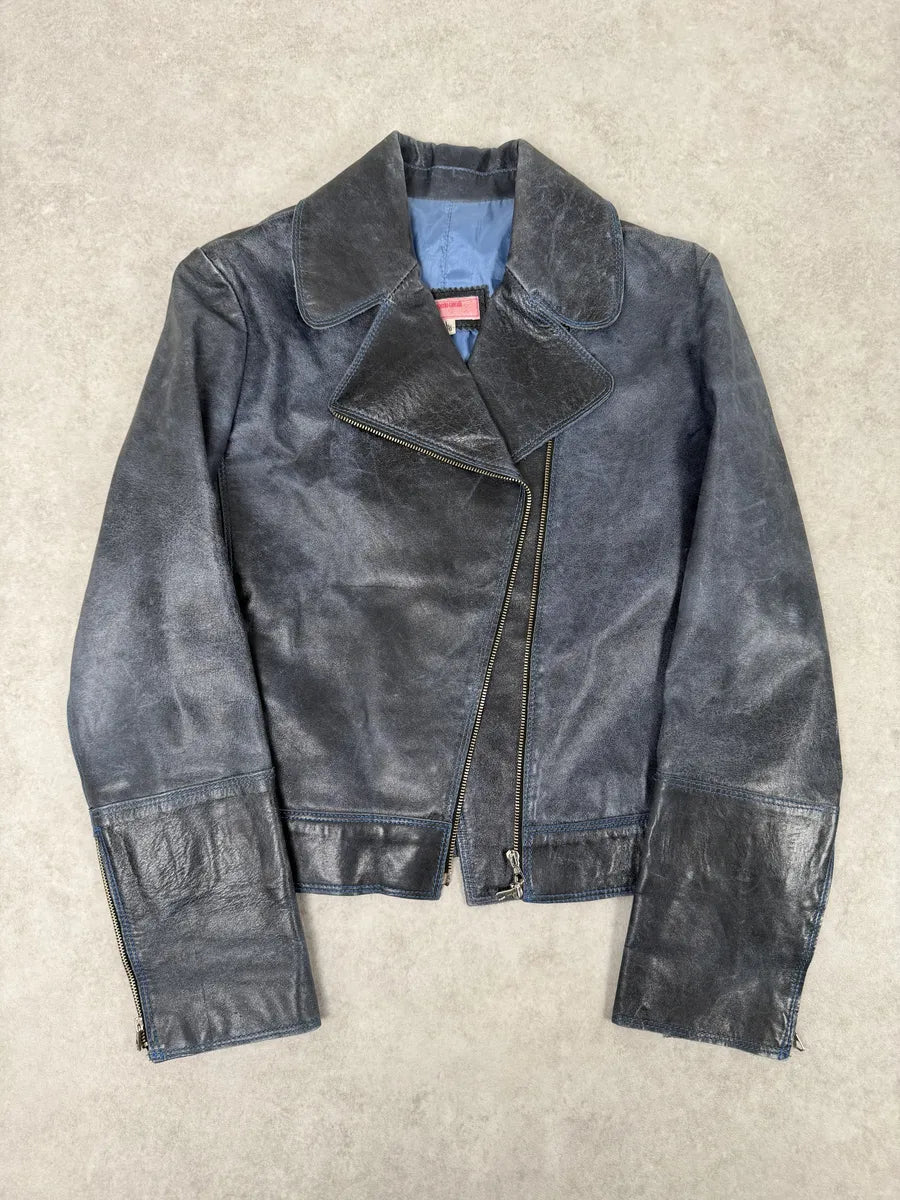 SS2001 Roberto Cavalli Navy Blue Perfecto Biker Leather Jacket JWsrPhG 3