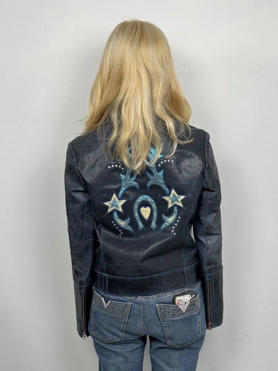 SS2001 Roberto Cavalli Navy Blue Perfecto Biker Leather Jacket JWsrPhG 4
