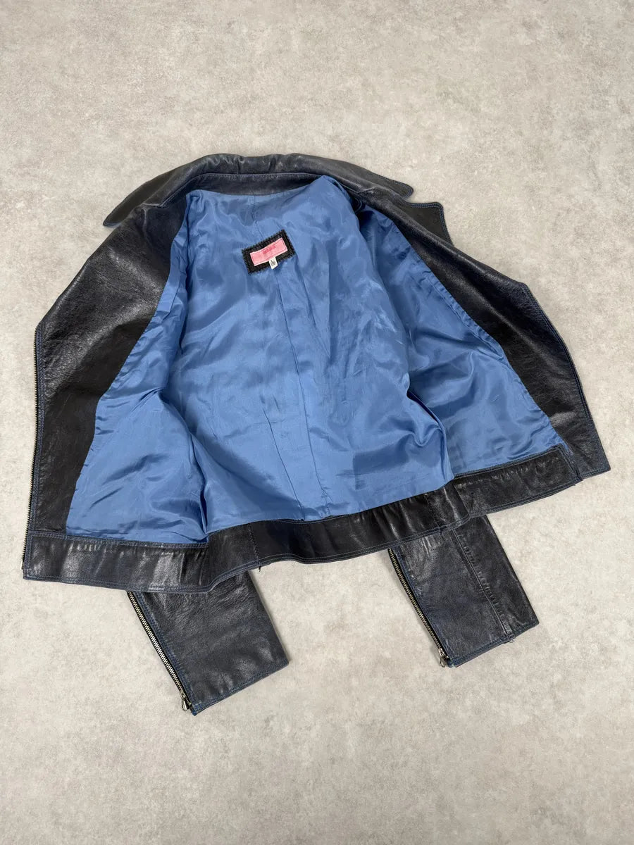 SS2001 Roberto Cavalli Navy Blue Perfecto Biker Leather Jacket JWsrPhG 6