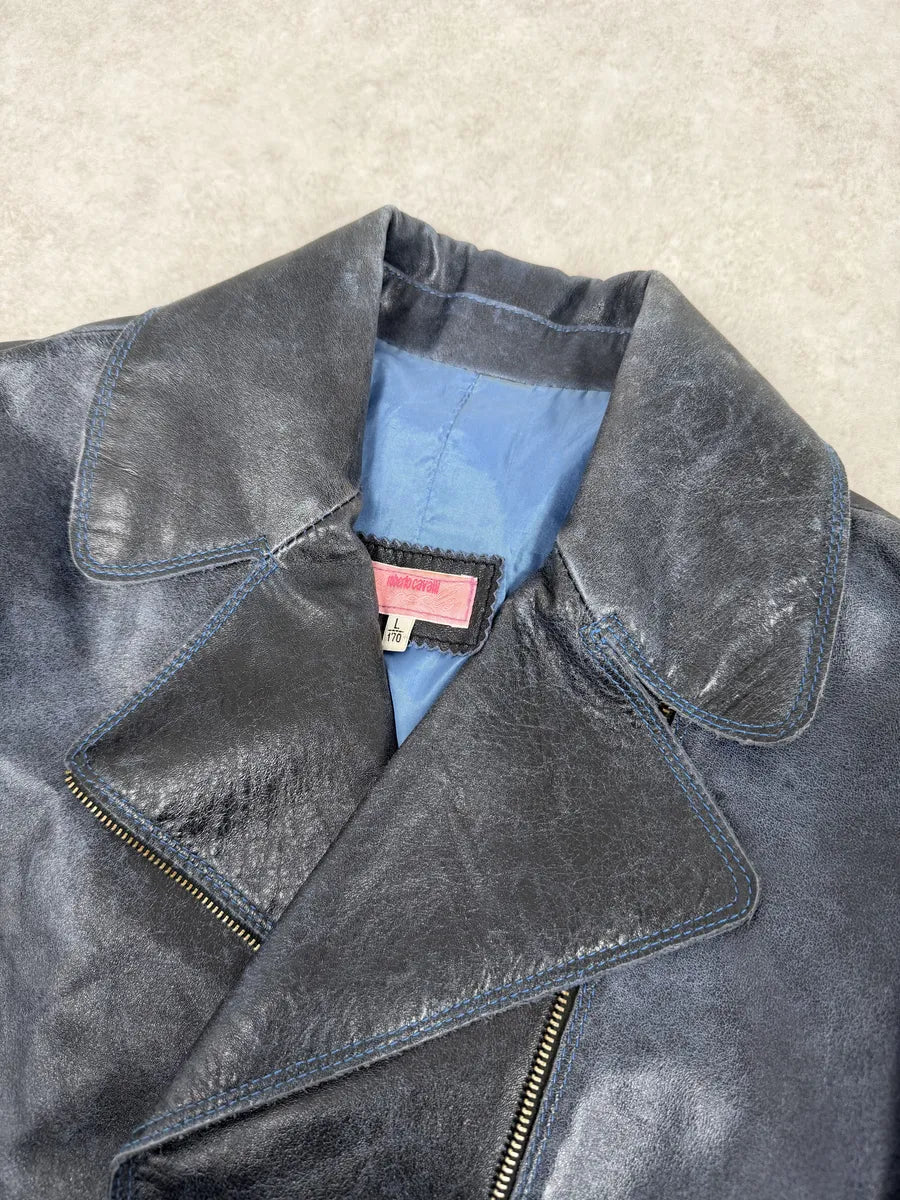 SS2001 Roberto Cavalli Navy Blue Perfecto Biker Leather Jacket JWsrPhG 8