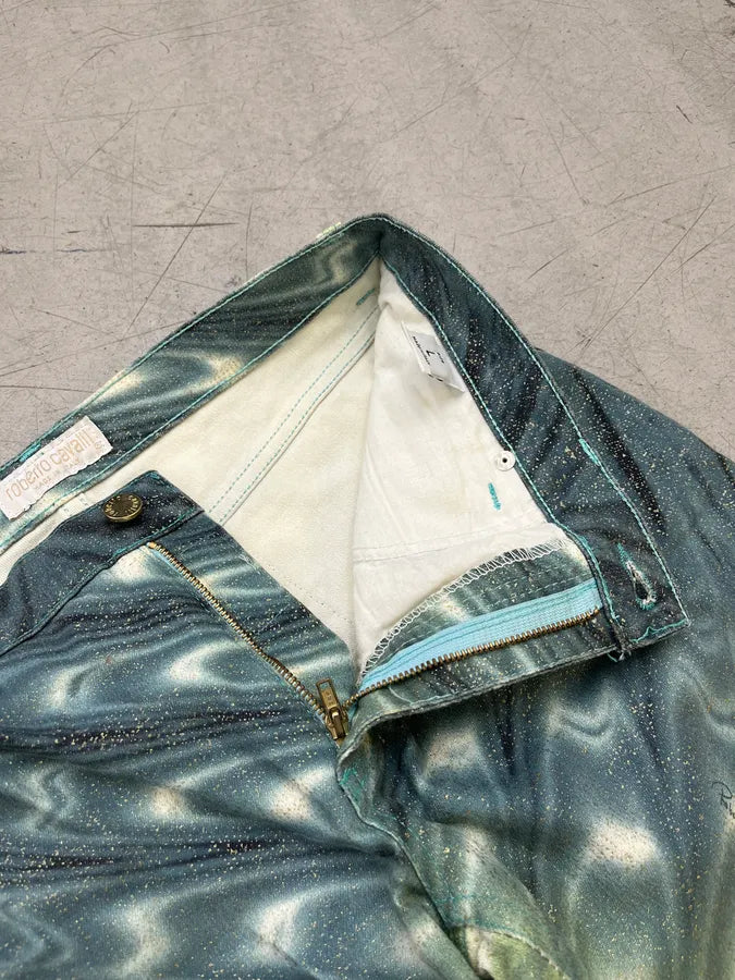 SS2001 Roberto Cavalli Sparkle Gradient Green & Blue Slim Pants INkGyfj 9