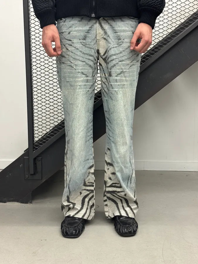 SS2002 Cavalli Beige & Blue Faded Zebra Flared Jeans DJKMJUP 1
