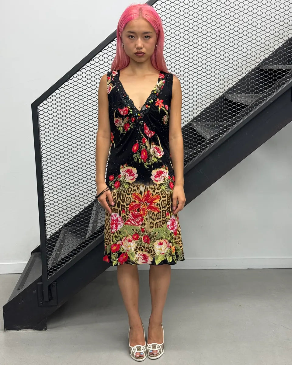 SS2002 Cavalli Black Flowers Colorful Dress VsPjwsT 0