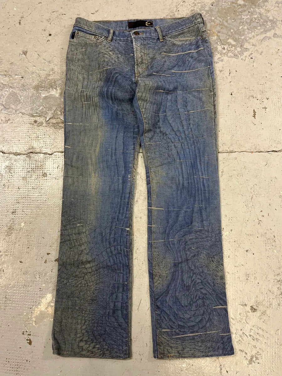 SS2002 Cavalli Crocrodile Effect Aqua Blue Denim Jeans TTJkFFI 4