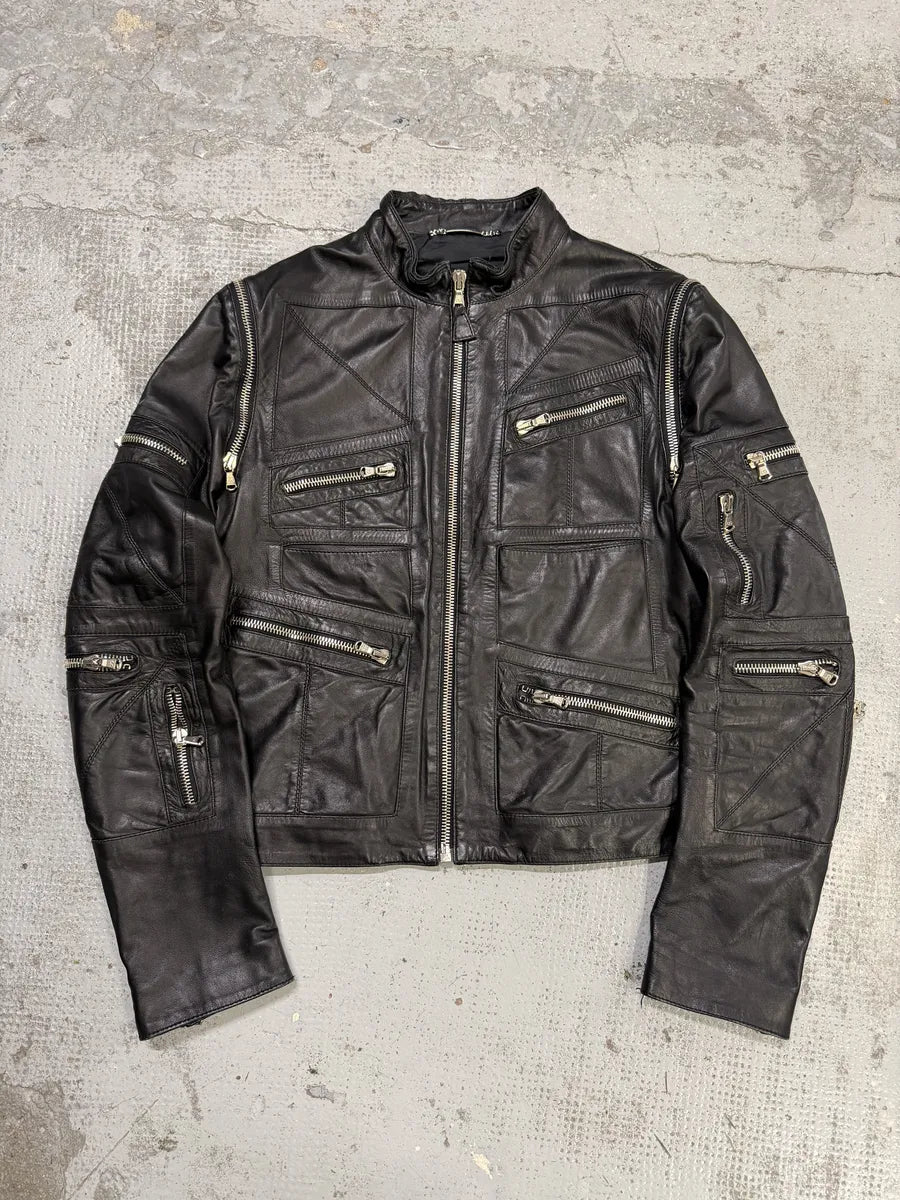 SS2002 Dolce & Gabbana Black Multi Zips Biker Leather Jacket with Detachable Sleeves bFzNTxO 0