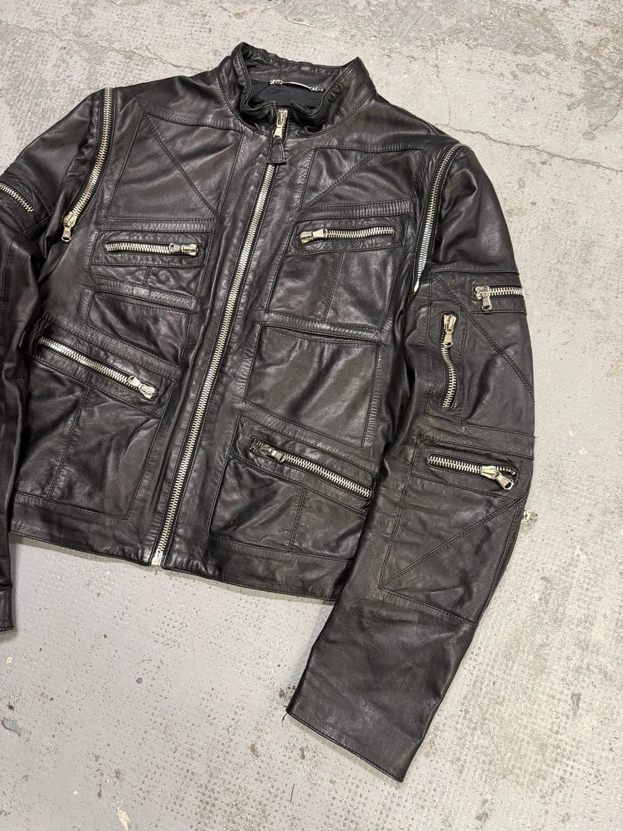 SS2002 Dolce & Gabbana Black Multi Zips Biker Leather Jacket with Detachable Sleeves bFzNTxO 11