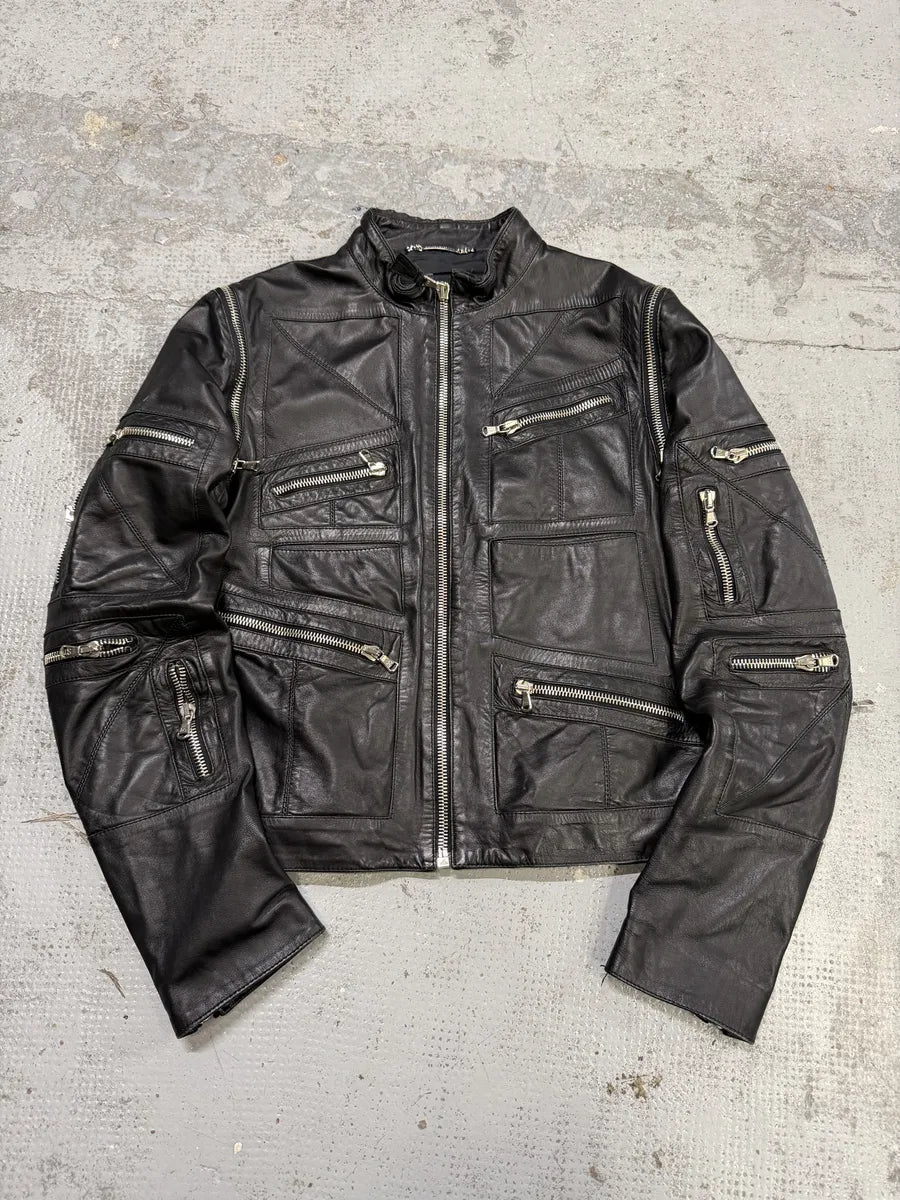 SS2002 Dolce & Gabbana Black Multi Zips Biker Leather Jacket with Detachable Sleeves bFzNTxO 4