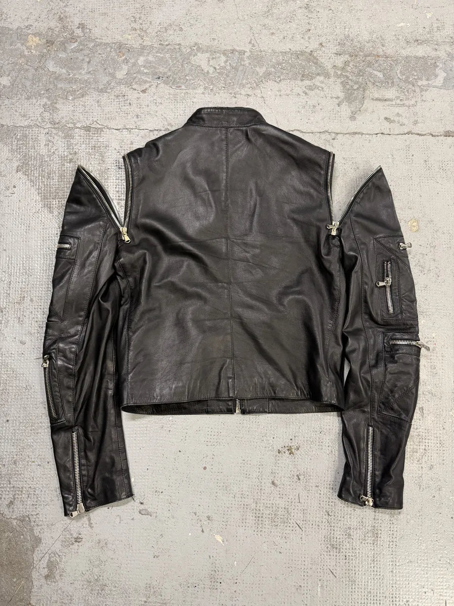 SS2002 Dolce & Gabbana Black Multi Zips Biker Leather Jacket with Detachable Sleeves bFzNTxO 5