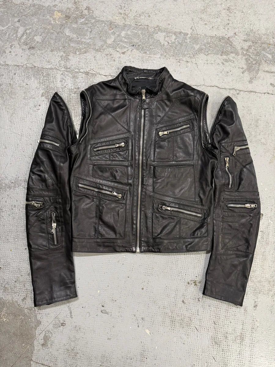 SS2002 Dolce & Gabbana Black Multi Zips Biker Leather Jacket with Detachable Sleeves bFzNTxO 9