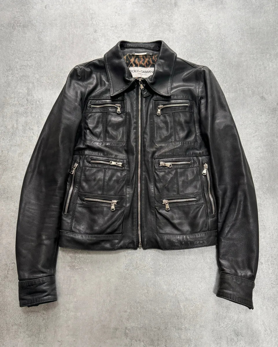 SS2002 Dolce & Gabbana Cargo Black Multi Zips Leather Jacket GomFvYa 0