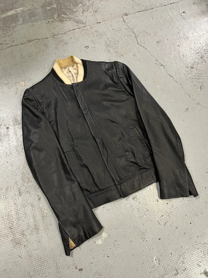 SS2002 Roberto Cavalli Black Leather Leopard Silk Lining Jacket LjkbrIY 3