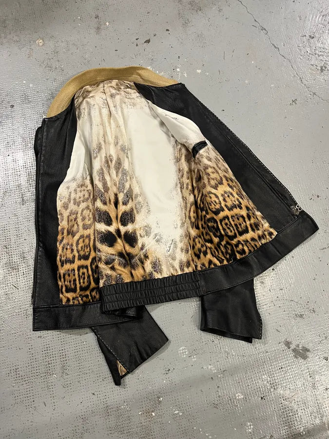 SS2002 Roberto Cavalli Black Leather Leopard Silk Lining Jacket LjkbrIY 8