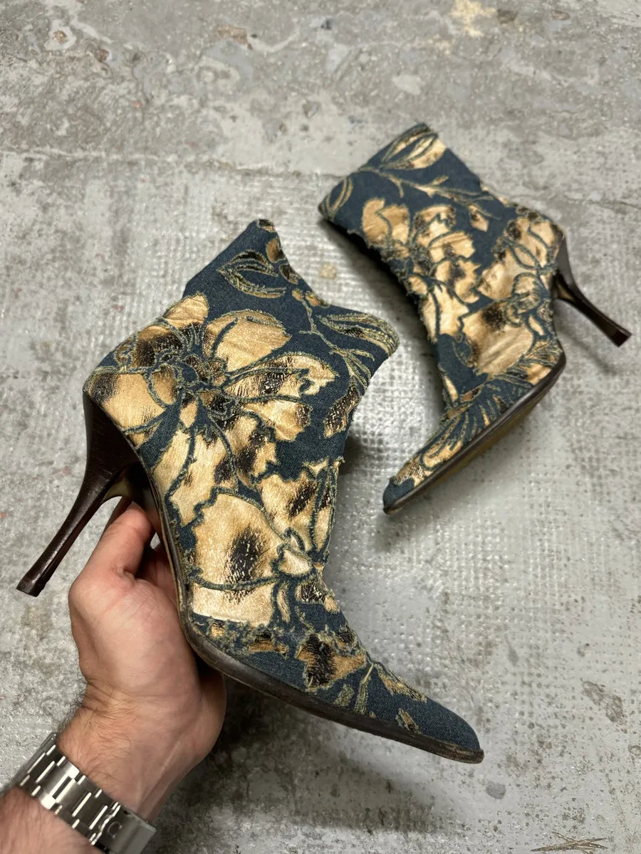 SS2002 Roberto Cavalli Floral Laser-Cut Denim Leopard Boots doLwTVF 0