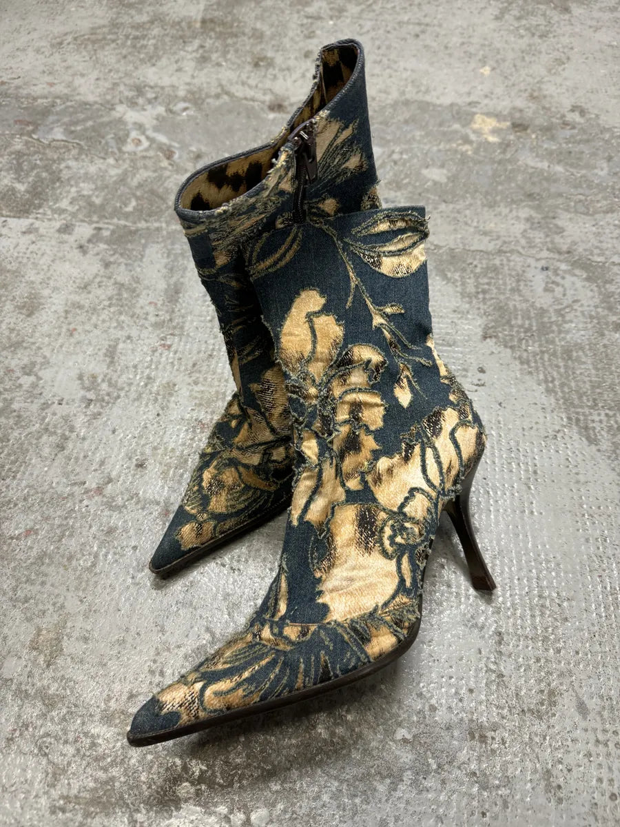 SS2002 Roberto Cavalli Floral Laser-Cut Denim Leopard Boots doLwTVF 1