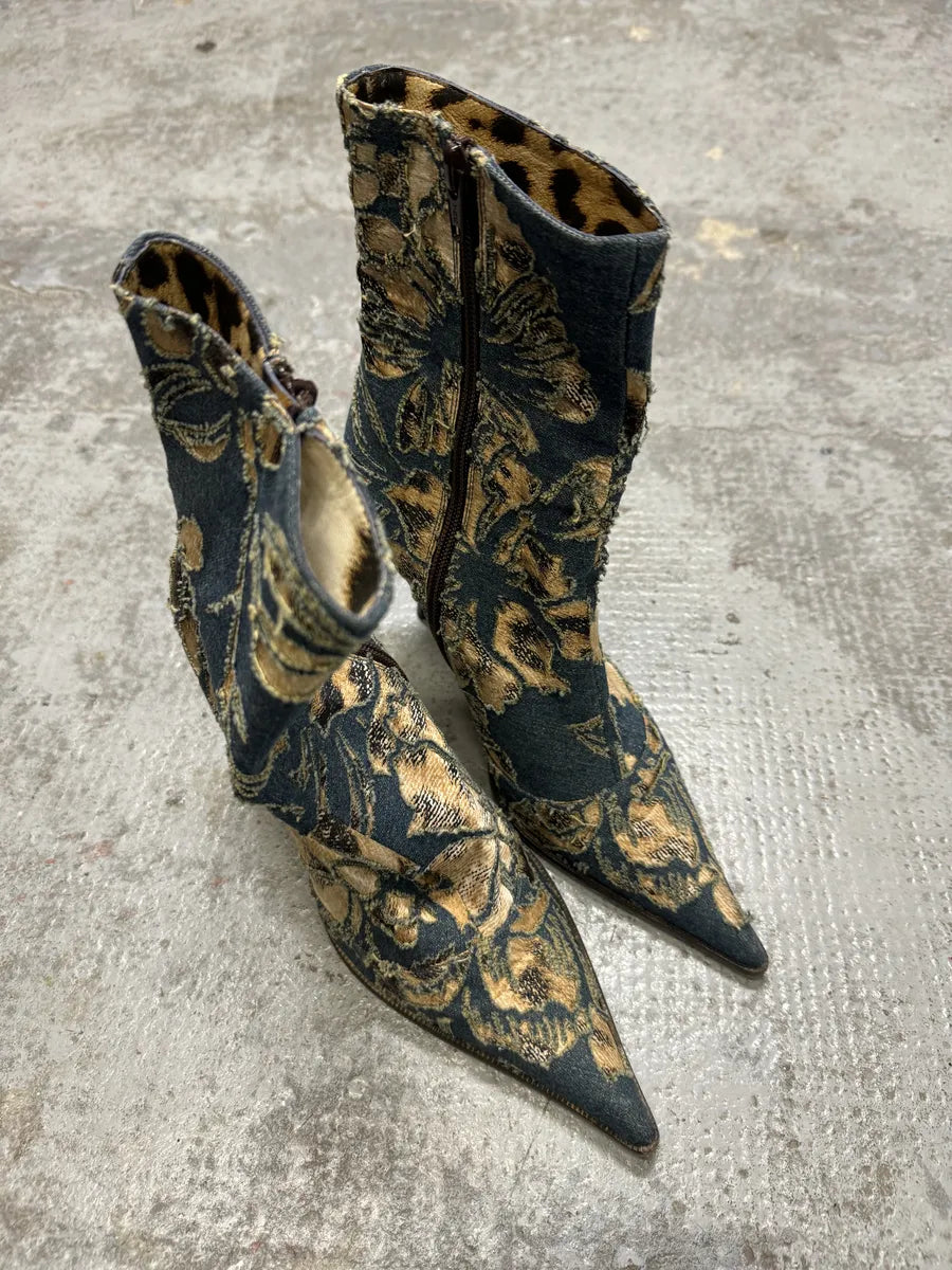 SS2002 Roberto Cavalli Floral Laser-Cut Denim Leopard Boots doLwTVF 2