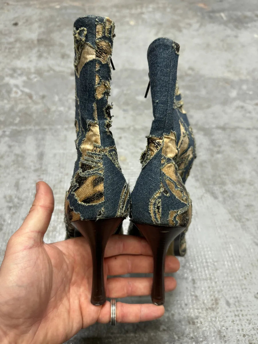 SS2002 Roberto Cavalli Floral Laser-Cut Denim Leopard Boots doLwTVF 3