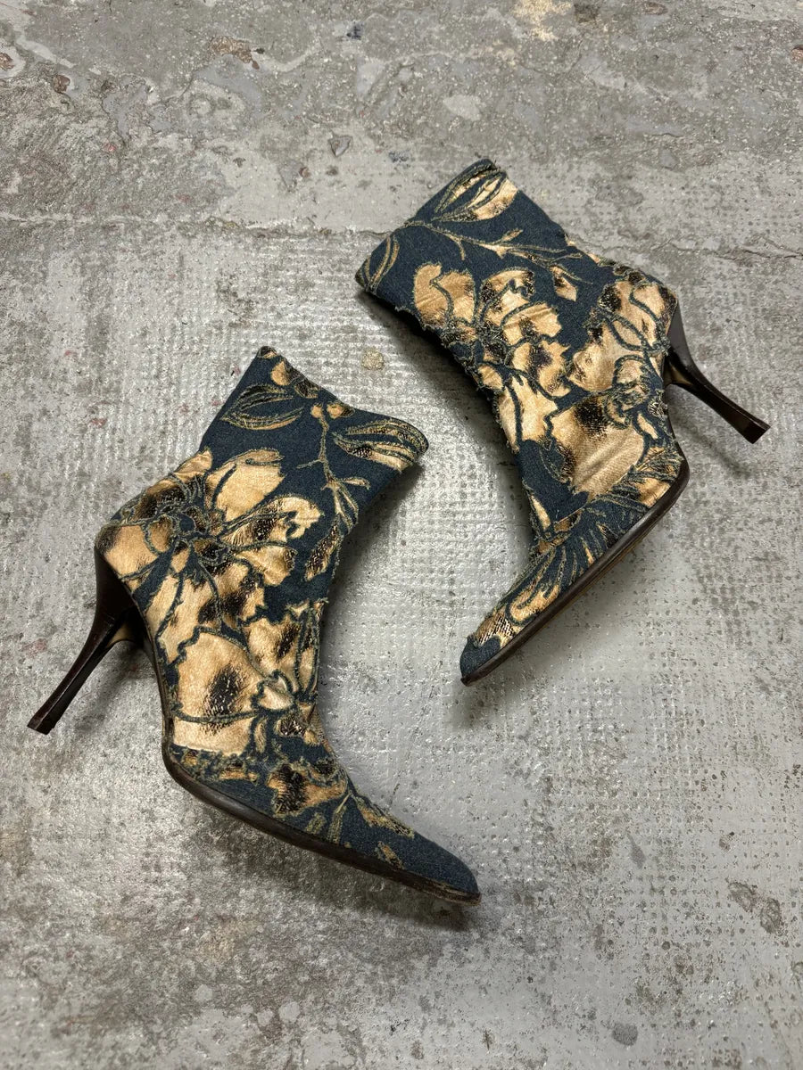 SS2002 Roberto Cavalli Floral Laser-Cut Denim Leopard Boots doLwTVF 5