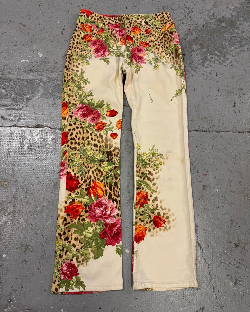 SS2002 Roberto Cavalli Flowers Leopard White Pants (M) LGHJvSm 0