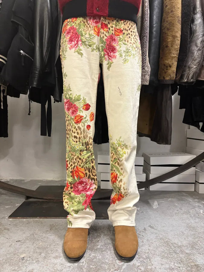 SS2002 Roberto Cavalli Flowers Leopard White Pants (M) LGHJvSm 1