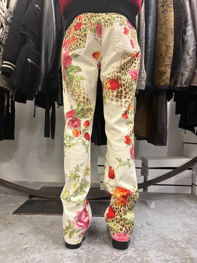 SS2002 Roberto Cavalli Flowers Leopard White Pants (M) LGHJvSm 2