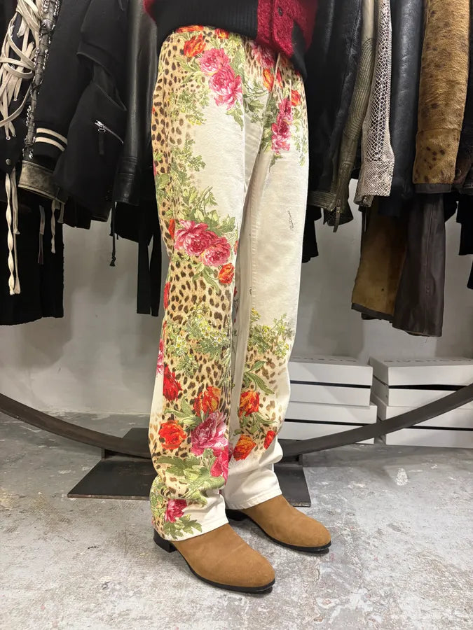 SS2002 Roberto Cavalli Flowers Leopard White Pants (M) LGHJvSm 3