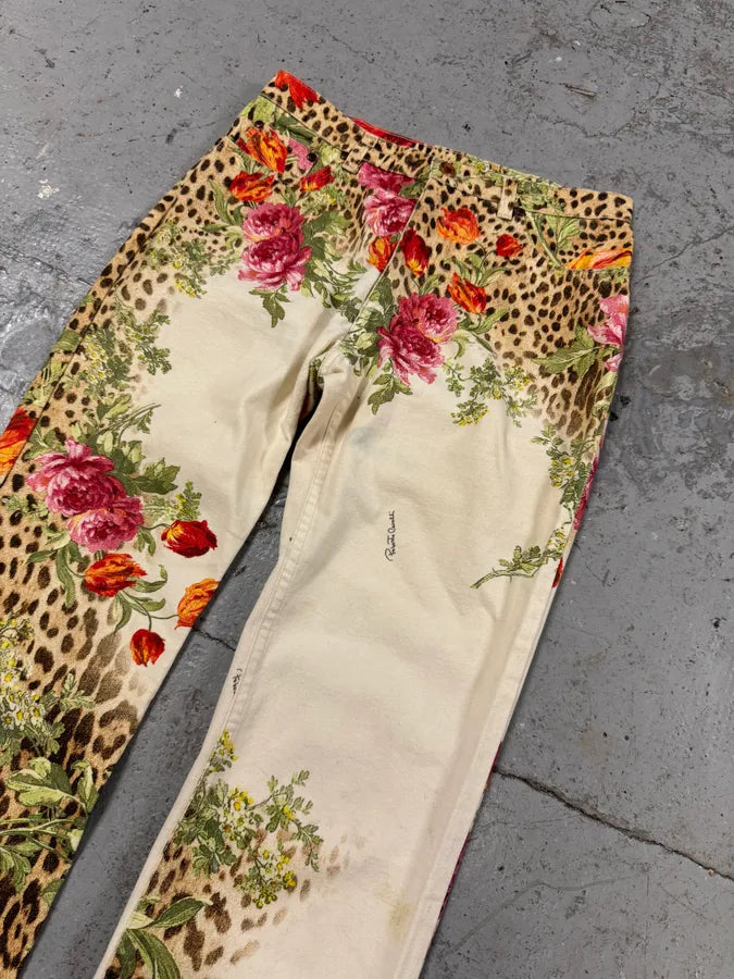 SS2002 Roberto Cavalli Flowers Leopard White Pants (M) LGHJvSm 4