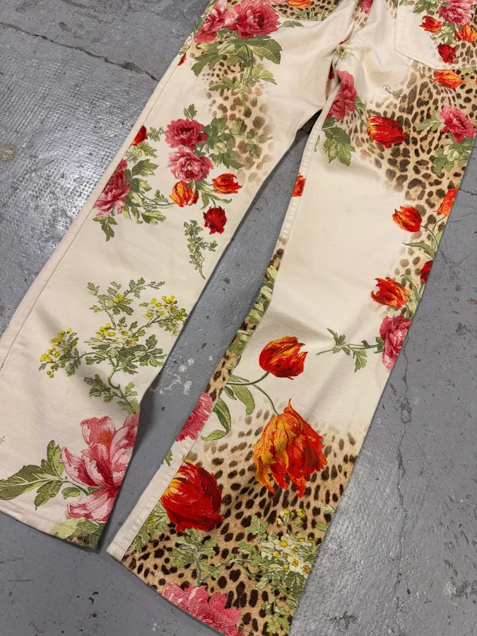 SS2002 Roberto Cavalli Flowers Leopard White Pants (M) LGHJvSm 6