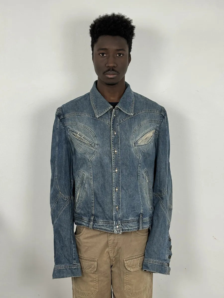 SS2002 Roberto Cavalli Futurist Biker Denim Jacket cZVSnCa 2