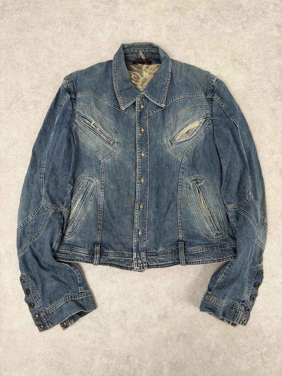 SS2002 Roberto Cavalli Futurist Biker Denim Jacket cZVSnCa 2