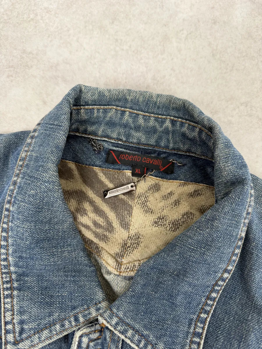 SS2002 Roberto Cavalli Futurist Biker Denim Jacket cZVSnCa 9