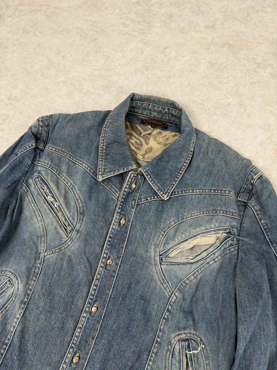 SS2002 Roberto Cavalli Futurist Biker Denim Jacket cZVSnCa 10