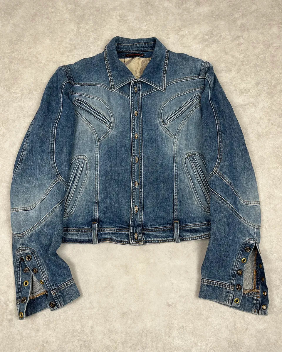 SS2002 Roberto Cavalli Futurist Biker Denim Jacket kmXKeRN 0